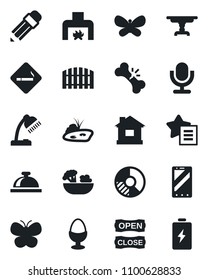 Set of vector isolated black icon - smoking place vector, reception bell, mobile phone, circle chart, butterfly, house, broken bone, microphone, favorites list, desk lamp, pencil, pond, fence, table