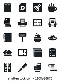 Set of vector isolated black icon - pen vector, notepad, coffee, document, plant label, cut, copybook, search, blank box, checklist, printer, copier, book, plan, serviette, contract