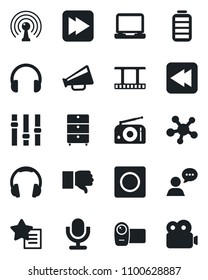 Set of vector isolated black icon - film frame vector, archive chest, radio, antenna, loudspeaker, settings, video camera, microphone, speaker, headphones, laptop pc, share, finger down, battery