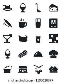 Set of vector isolated black icon - dish vector, cook hat, menu, drink, cocktail, phyto bar, coffee, bacon, egg stand, cafe building, chicken, ladle, rolling pin, steaming pan, sushi, cheese