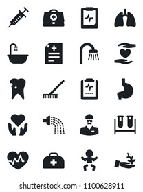 Set of vector isolated black icon - baby vector, rake, watering, heart pulse, doctor case, diagnosis, syringe, blood test vial, hand, stomach, lungs, caries, clipboard, bathroom, palm sproute