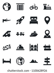 Set of vector isolated black icon - signpost vector, reception bell, baggage larry, ladder car, boarding, flight table, luggage storage, airport building, bike, pin, sea shipping, route, mountains