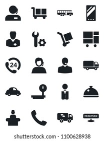 Set of vector isolated black icon - airport bus vector, reception, doctor, 24 hours, support, car delivery, consolidated cargo, heavy scales, mobile, call, root setup, moving, waiter, dish, reserved