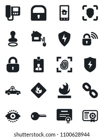 Set of vector isolated black icon - alarm car vector, stamp, identity card, flammable, chain, protect, lock, face id, eye, key, home control, fingerprint, wireless, intercome, app, certificate