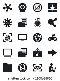 Set of vector isolated black icon - no laptop vector, bomb in case, right arrow, virus, folder document, gamepad, tv, network, monitor, share, download, fingerprint, web camera, eye scan