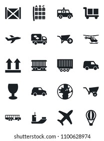 Set of vector isolated black icon - airport bus vector, helicopter, seat map, wheelbarrow, ambulance car, earth, railroad, plane, sea shipping, truck trailer, container, fragile, cargo, up side sign