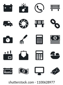 Set of vector isolated black icon - bomb in case vector, camera, garden fork, bench, monitor, chain, mail, mobile, calculator, rooms, phone, salad, battery, cash, car