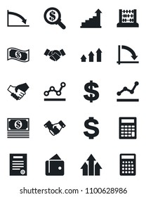 Set of vector isolated black icon - handshake vector, growth statistic, dollar sign, abacus, crisis graph, point, contract, arrow up, wallet, money search, cash, calculator
