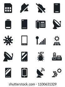 Set of vector isolated black icon - satellite antenna vector, mobile phone, virus, low battery, back, sim, mute, cellular signal, office, sun panel