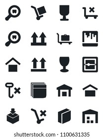 Set of vector isolated black icon - baggage trolley vector, fragile, cargo, warehouse storage, up side sign, no, hook, package, search, scanner, blank box
