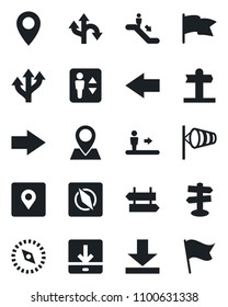 Set of vector isolated black icon - elevator vector, escalator, signpost, right arrow, left, wind, route, pin, download, place tag, compass, flag