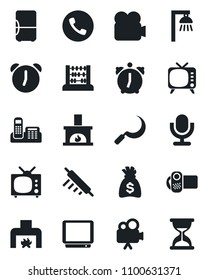 Set of vector isolated black icon - phone vector, abacus, money bag, sickle, tv, video camera, microphone, alarm, office, fireplace, rolling pin, outdoor lamp, fridge, sand clock