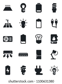 Set of vector isolated black icon - bulb vector, battery, low, rca, charge, desk lamp, air conditioner, fridge, power plug, water heater, warm floor, energy saving, idea
