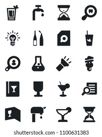 Set of vector isolated black icon - document search vector, ampoule, fragile, cargo, torch, water supply, client, wine card, cocktail, phyto bar, energy saving bulb, idea, flask, sand clock