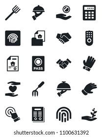 Set of vector isolated black icon - passport vector, garden fork, farm, glove, heart hand, touch screen, fingerprint id, handshake, contract, estate document, waiter, remote control, investment