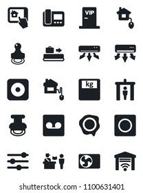 Set of vector isolated black icon - baggage conveyor vector, passport control, security gate, stamp, scales, rec button, tuning, record, air conditioner, vip zone, home, intercome, app, garage