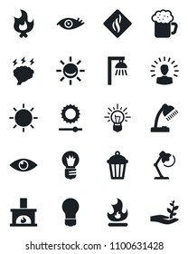 Set of vector isolated black icon - brainstorm vector, bulb, fire, sun, garden light, eye, brightness, desk lamp, fireplace, beer, smoke detector, outdoor, alarm led, shining head, idea