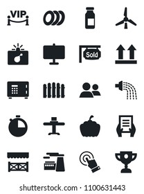 Set of vector isolated black icon - bomb in case vector, safe, document, factory, fence, watering, pumpkin, ampoule, up side sign, touch screen, group, stopwatch, presentation board, windmill