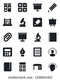 Set of vector isolated black icon - calculator vector, abacus, desk, notepad, presentation board, microscope, notes, copybook, paper clip, ink pen, pencil, book, shining head