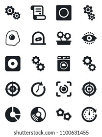 Set of vector isolated black icon - ticket office vector, washer, gear, circle chart, contract, rec button, record, eye id, target, flower in pot, omelette, clock