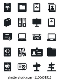 Set of vector isolated black icon - passport vector, identity, office binder, pulse clipboard, laptop pc, folder, photo gallery, presentation board, blank box, sale, pass card, certificate