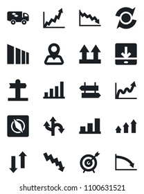 Set of vector isolated black icon - signpost vector, crisis graph, route, navigation, up side sign, sorting, data exchange, download, compass, update, bar, moving, target, arrow, growth