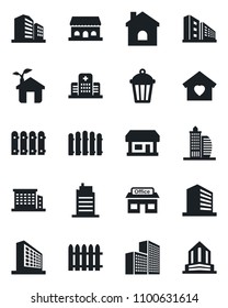 Set of vector isolated black icon - office building vector, fence, house, garden light, hospital, store, sweet home, city, cafe, eco