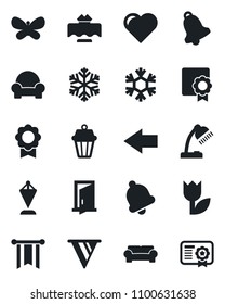 Set of vector isolated black icon - left arrow vector, pennant, butterfly, heart, tulip, bell, sertificate, desk lamp, cushioned furniture, restaurant table, snowflake, outdoor, door, pennon