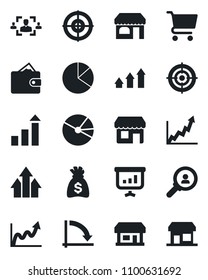 Set of vector isolated black icon - shop vector, growth statistic, money bag, crisis graph, store, pie, hr, target, consumer search, arrow up, wallet, cart, presentation, storefront