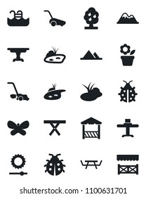 Set of vector isolated black icon - flower in pot vector, lawn mower, butterfly, lady bug, pond, picnic table, brightness, pool, fruit tree, mountains, restaurant, alcove