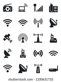 Set of vector isolated black icon - antenna vector, satellite, wireless notebook, office phone, radio, cellular signal, router