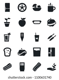 Set of vector isolated black icon - hot cup vector, seedling, plant label, diet, fridge, drink, phyto bar, salad, bacon, bread, kebab, dog, apple fruit, fan, palm sproute