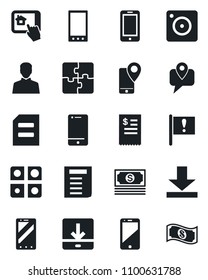 Set of vector isolated black icon - mobile phone vector, document, important flag, cash, tracking, cell, camera, user, download, application, restaurant receipt, home control app