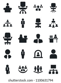 Set of vector isolated black icon - reception vector, manager, office chair, place, client, user, company, desk, hierarchy, estate agent, group