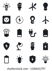 Set of vector isolated black icon - bulb vector, battery, low, protect, charge, desk lamp, socket, power plug, energy saving, windmill, idea