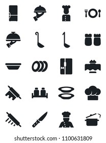 Set of vector isolated black icon - fridge vector, cook, restaurant table, cafe, hat, plates, waiter, salt and pepper, ladle, bowl, rolling pin, knife, steaming pan