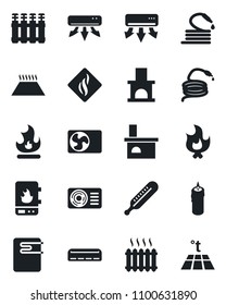 Set of vector isolated black icon - fire vector, hose, fireplace, thermometer, heater, air conditioner, candle, water, smoke detector, radiator, warm floor