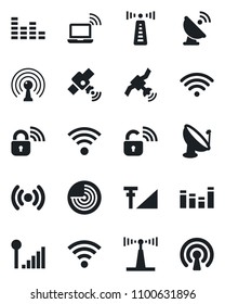 Set of vector isolated black icon - antenna vector, wireless notebook, radar, satellite, equalizer, cellular signal, lock