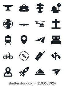 Set of vector isolated black icon - suitcase vector, train, reception bell, plane, helicopter, luggage scales, case, bike, route, signpost, navigation, earth, pin, compass, bedroom, table, rocket