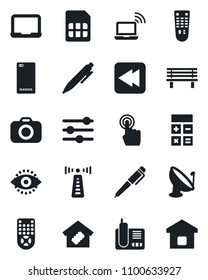 Set of vector isolated black icon - antenna vector, wireless notebook, calculator, pen, pc, bench, satellite, camera, remote control, touch screen, radio phone, rewind, back, tuning, sim, eye id