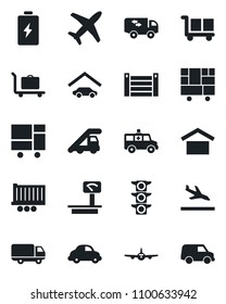 Set of vector isolated black icon - arrival vector, baggage trolley, ladder car, plane, ambulance, traffic light, truck trailer, delivery, container, consolidated cargo, warehouse storage, garage