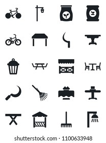 Set of vector isolated black icon - cafe vector, rake, sickle, garden light, picnic table, fertilizer, bike, restaurant, alcove, outdoor lamp