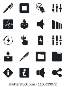 Set of vector isolated black icon - package vector, sorting, settings, touch screen, stop button, folder, charge, application, pen, sound, information, social media