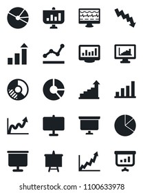 Set of vector isolated black icon - growth statistic vector, presentation board, crisis graph, circle chart, monitor pulse, statistics, bar, pie, point