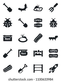 Set of vector isolated black icon - job vector, garden fork, shovel, lady bug, caterpillar, pond, rack, rent, bacon, open close, rocket