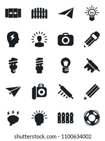 Set of vector isolated black icon - automatic door vector, brainstorm, bulb, camera, pencil, fence, rolling pin, energy saving, shining head, idea, paper plane, crisis management