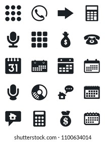 Set of vector isolated black icon - right arrow vector, circle chart, microphone, menu, calendar, calculator, phone, home message, money bag