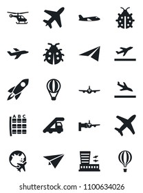 Set of vector isolated black icon - plane vector, departure, arrival, ladder car, boarding, helicopter, seat map, globe, airport building, lady bug, rocket, paper, air balloon