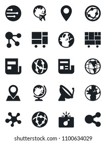 Set of vector isolated black icon - satellite antenna vector, bomb in case, globe, plane, earth, pin, consolidated cargo, network, share, news, social media