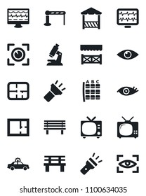 Set of vector isolated black icon - barrier vector, tv, alarm car, seat map, bench, monitor pulse, microscope, eye, torch, plan, alcove, scan